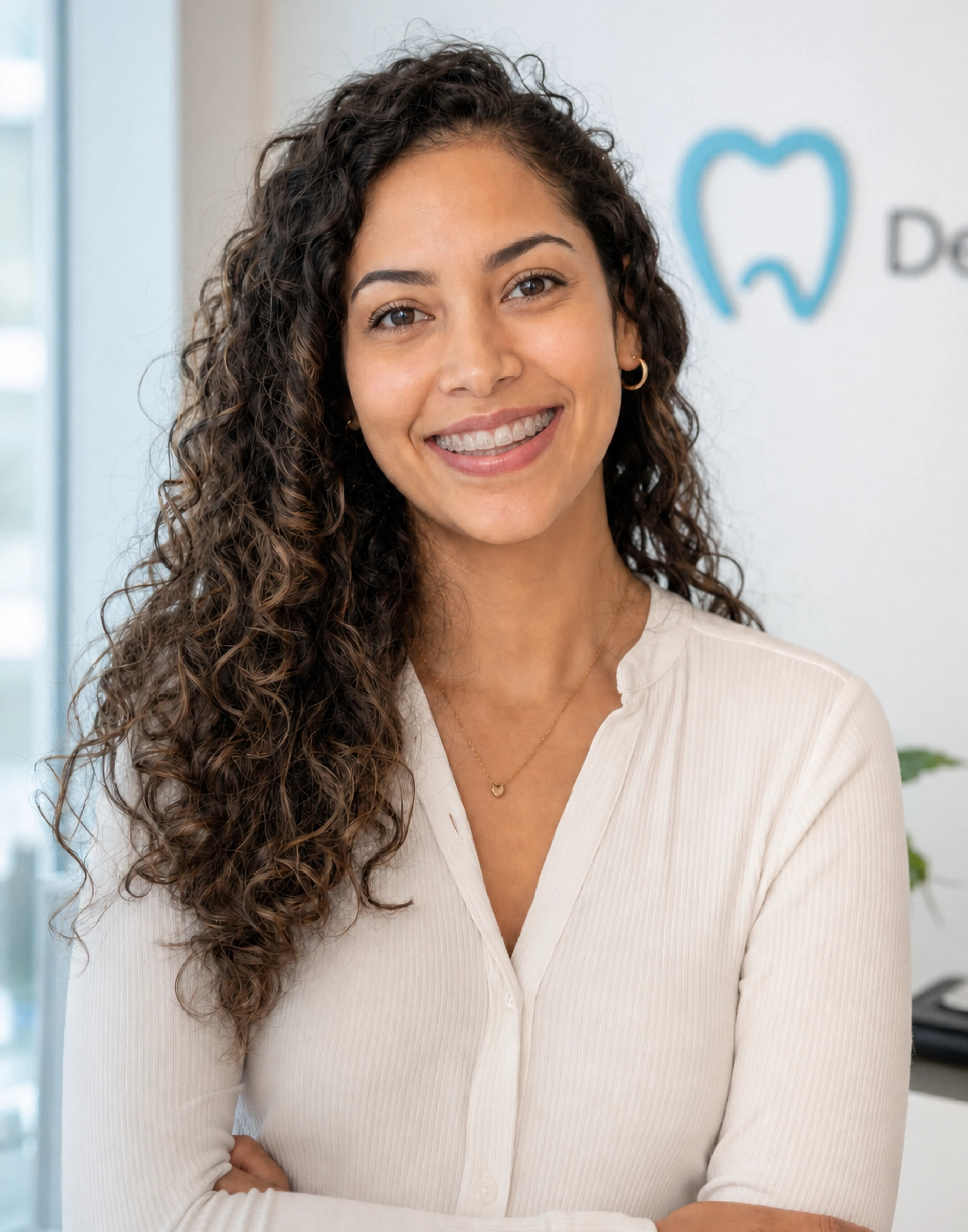 Misma paciente sonriendo con alineadores transparentes OMN-LAB